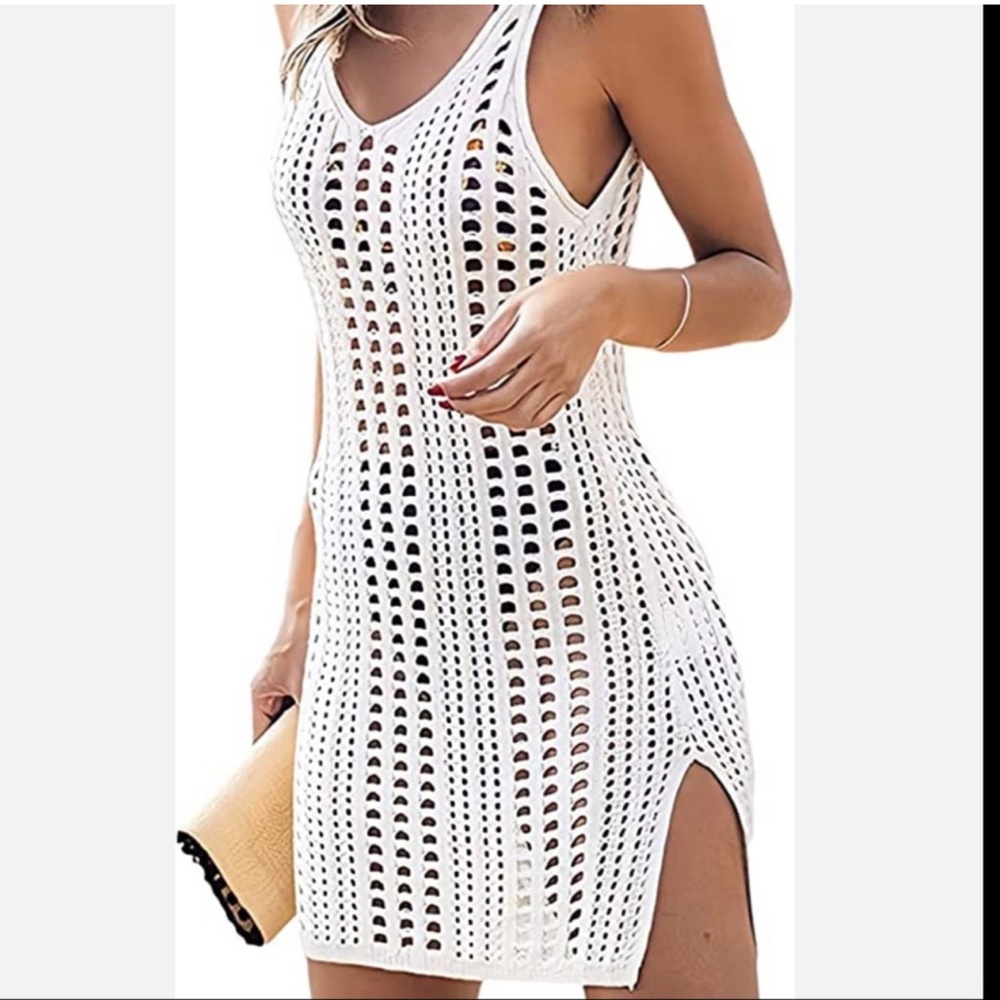 White Hollow-Out Slit Crochet Swimsuit Cover-Up, Lady’s Brand New. - Picture 2 of 7